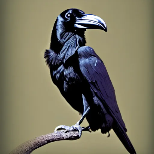 Prompt: raven sitting on a branch, holding a work in his beak. highly detailed. dramatic lighting.