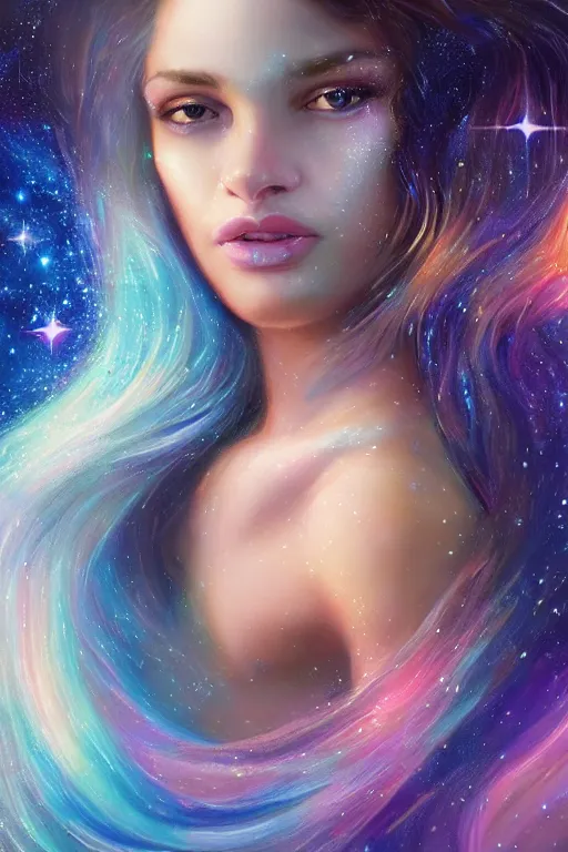 Prompt: one beautiful young woman's face, magical, space stars and planets in her hair, windblown, intricate, synth-wave, retrowave, highly-detailed, elegant, dramatic lighting, gorgeous face, lifelike, photorealistic face, long luxurious intricate gown, digital painting, artstation, illustration, concept art, smooth, sharp focus, art by John Collier, artgerm, and Albert Aublet and Krenz Cushart and Artem Demura and Alphonse Mucha