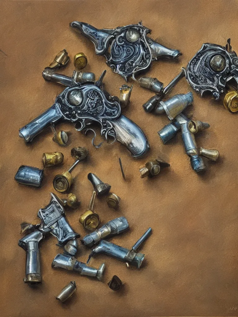 Image similar to oil painting of revolvers and bullets on a wall, ultrarealistic, intricate details, 4k