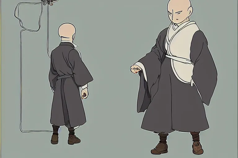 Prompt: a study of cell shaded cartoon of a monk in an organge robe from howl's moving castle ( 2 0 0 4 ) connected to a machine with wires, full body, wide shot, very muted colors, post grunge, studio ghibli, laurie greasley, highly detailed, deviantart, art by artgem