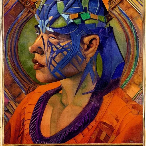 Image similar to the forest crown, by Annie Swynnerton and Nicholas Roerich and Diego Rivera, blue skin, elaborate costume, geometric ornament, rich color, dramatic cinematic lighting, smooth, sharp focus, extremely detailed