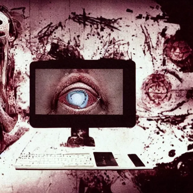 Prompt: a fleshy computer bleeding, blind eyes and mouths on the computer, award winning horror movie by david cronenburg