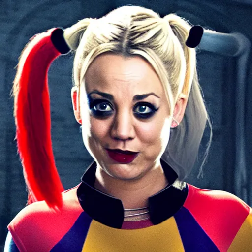 Image similar to A still of Kaley Cuoco as Harley Quinn