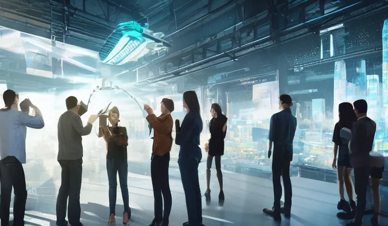 Image similar to group of people in simple warehouse, looking at hologram of futuristic city on a table, cinematic concept art, godrays, golden hour, natural sunlight, 4 k, clear details, tabletop model buildings, center model buildings, hologram center, crane shot, crane shot, crane shot