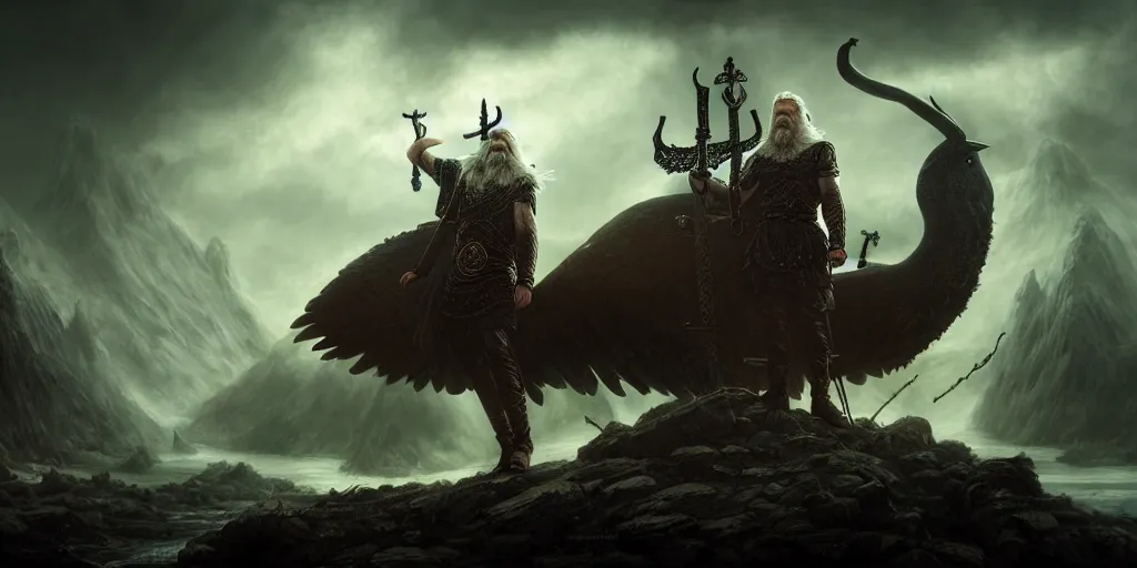 Image similar to odin, the allfather, environment, illustration, colors, epic scene, high quality, intricate details, details, intricate, atmosphere, highly detailed, matte painting, cinematic, deviantart, realistic, photorealistic, concept art, 4 k