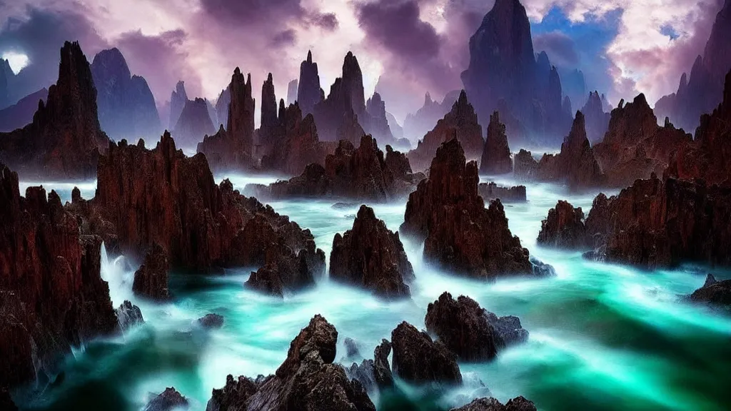 Image similar to amazing landscape photo of atlantis by marc adamus, beautiful dramatic lighting