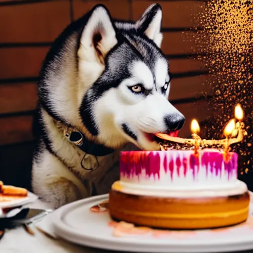 Prompt: a high - quality photo of a husky eating a birthday cake, f 3. 5, sharpened, iso 2 0 0