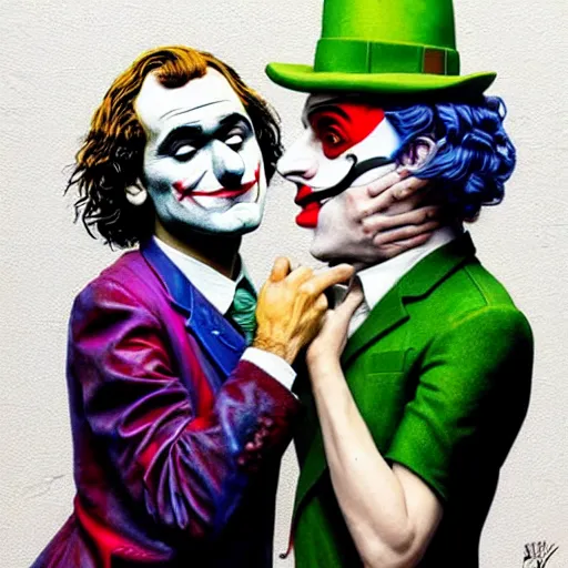 Image similar to ilya yefimovich repin and mimmo rottela and banksy as joaquin phoenix skinny joker, holding lady gaga harley queen hand, ultra photorealistic, intricate details, pop art style, concept art, confident posse, justify content center, 2 colours, warm color, 4 k, ultra smooth, sharp focus, perfect models