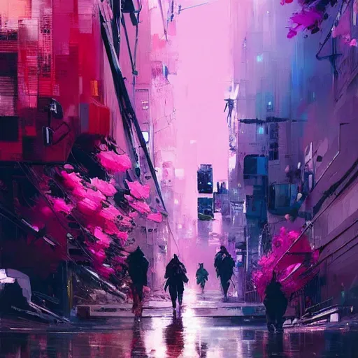 Image similar to acrylic painting, impressionism and expressionism, bold colors, expressive brushstrokes. a city street with pink flowers, cyberpunk art by wadim kashin, cgsociety, panfuturism, cityscape, dystopian art, anime aesthetic