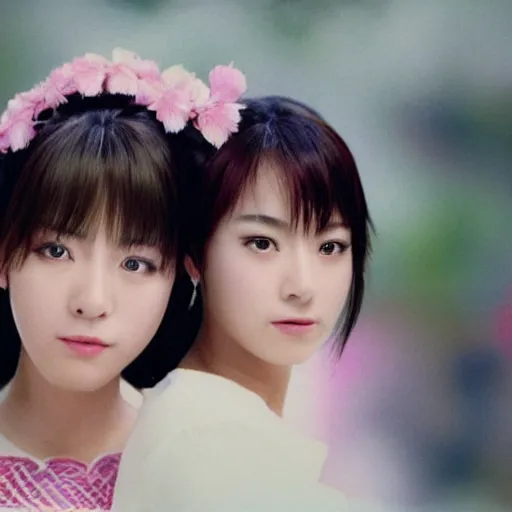 Image similar to 1990s, unbelievably beautiful, perfect, dynamic, epic, cinematic 8K HD movie shot of two semi-close-up japanese beautiful cute young J-Pop idols actresses girls, they express joy and posing together. By a Chinese movie director. Motion, VFX, Inspirational arthouse, high budget, hollywood style, at Behance, at Netflix, with Instagram filters, Photoshop, Adobe Lightroom, Adobe After Effects, taken with polaroid kodak portra