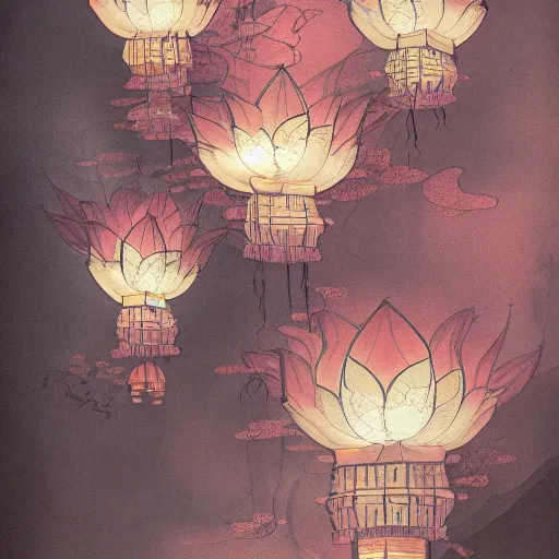 Prompt: concept art, detailed lotus lanterns, high resolution, classic chinese painting style