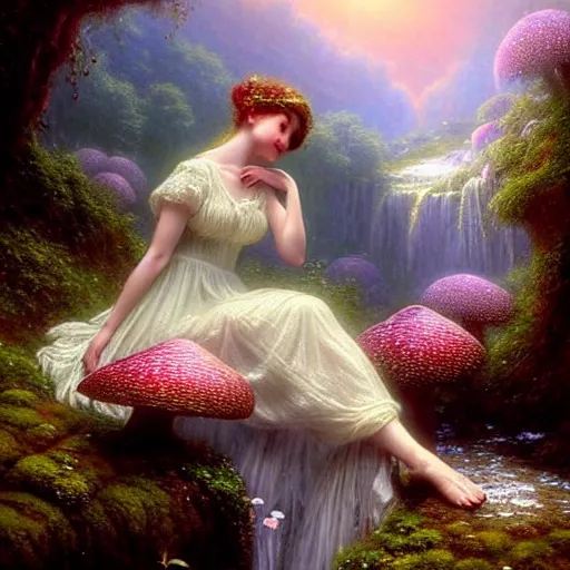 Image similar to highly detailed, an elegant fairy in a white lace dress sitting a in a enchanted scenery landscape, vast lush valley flowers and mushroom, waterfall, stream, sunrise, vivid color, soft clouds, cinematic lighting, perfect composition, 8 k, gustave dore, derek zabrocki, greg rutkowski, belsinski,