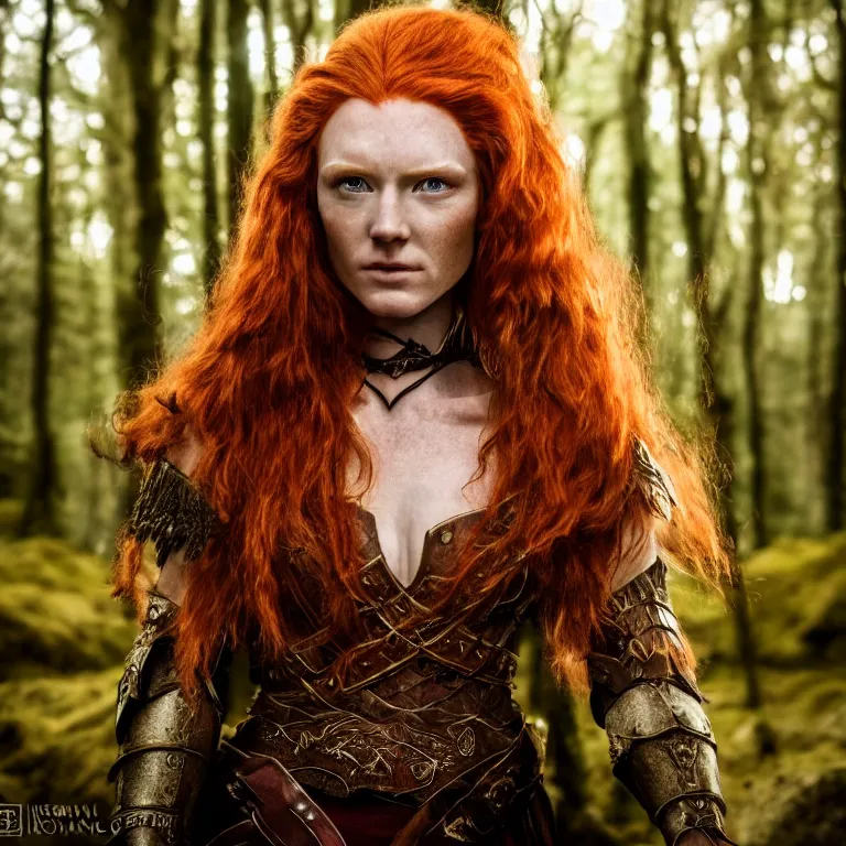 Prompt: 5 5 mm portrait photo of an armored handsome well - built female warrior, red hair, ginger hair, in a magical forest in the style of lord of the rings, highly detailed 8 k. intricate. lifelike. soft light. nikon d 8 5 0. cinematic post - processing