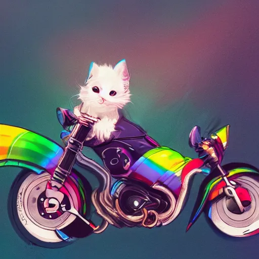 Image similar to wide angle full body, jacket wearing fluffy cute rainbow kitten wearing a black leather motorcycle jacket, riding on a motorcycle, cinematic concept art