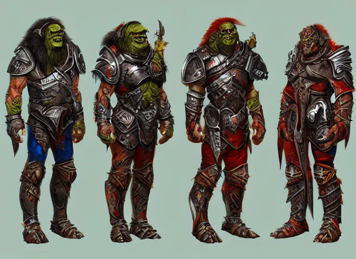Image similar to three different views of orcs in armour, colourful intricate! concept art by senior character artist, trending on artstation, artstation hd, full body, official art