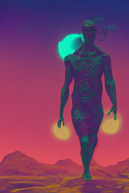 Image similar to portrait of gamma world mutant walking through a psychedelic landscape, in the style of Rob Lefield , trending on artstation, light lighting side view,digital art,surrealism ,macro,blueprint ,vaporwave ,