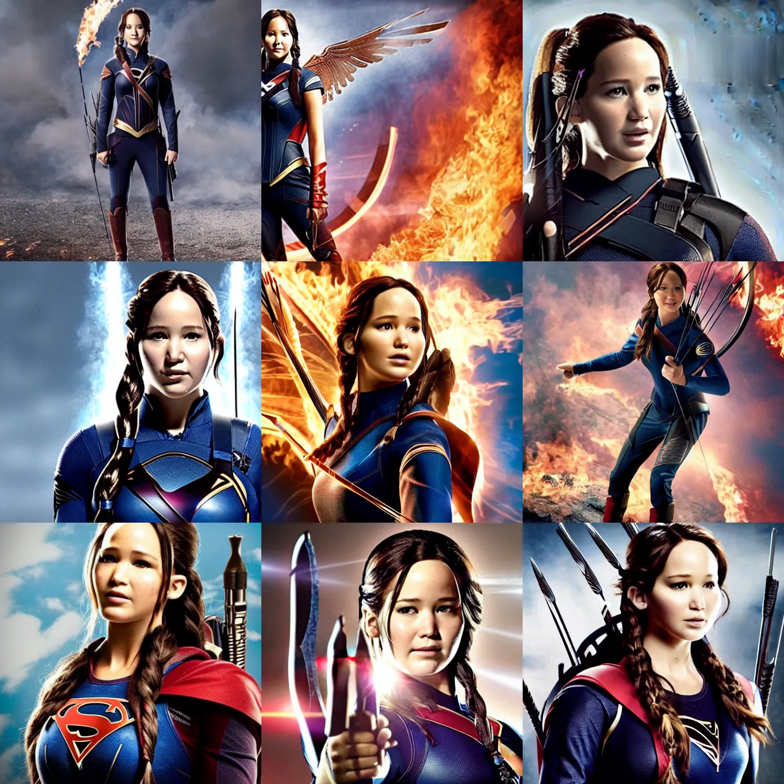 Prompt: Katniss Everdeen as Supergirl, tv still from the CW series 'Supergirl'