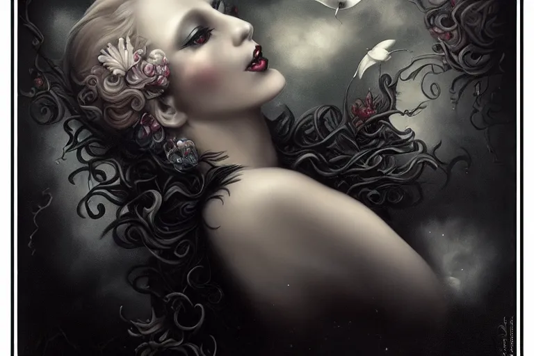 Image similar to By Tom Bagshaw, ultra realist soft painting of curiosities carnival by night, very beautiful horn single female gothic wearing corset sleeping, symmetry accurate features, very intricate details, omnious sky, black and white, volumetric light clouds