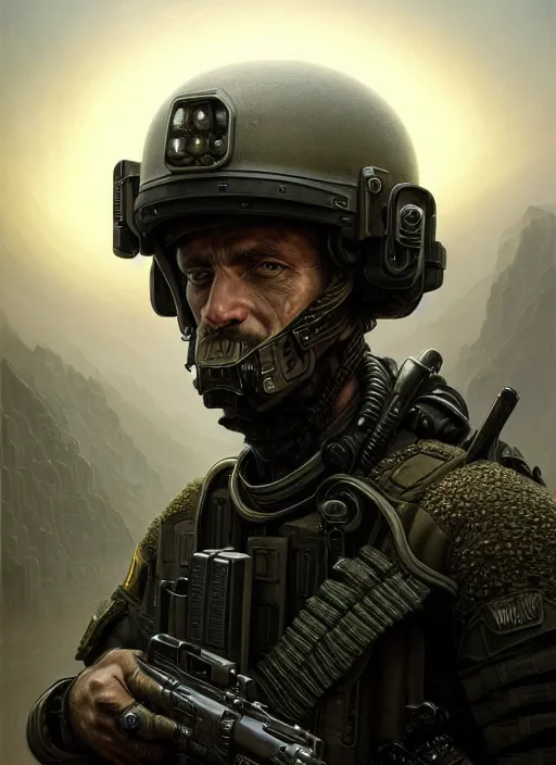 Image similar to closeup portrait shot of a swat team soldier in a scenic dystopian environment, intricate, elegant, highly detailed, centered, digital painting, artstation, concept art, smooth, sharp focus, illustration, artgerm, tomasz alen kopera, peter mohrbacher, donato giancola, joseph christian leyendecker, wlop, boris vallejo