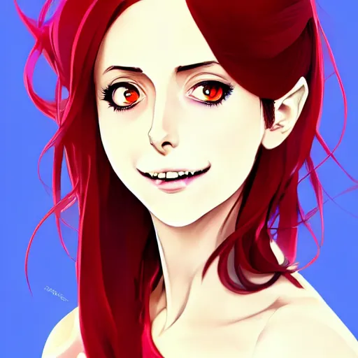 Prompt: beautiful anime vampire girl, Alison Brie, red glowing hair, smiling, clear clean face, symmetrical face, blurry background, pose, trending on artstation, Jamie McKelvie comic art, Alexandra Fomina artstation, face by Ilya Kushinov style, style by Loish, Norman Rockwell, painterly style, flat illustration, high contrast