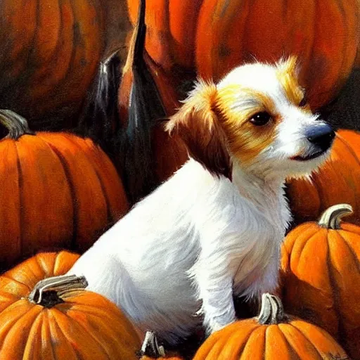 Prompt: a cute long haired jack russell puppy, white with brown spots and a brown patch over each eye, amidst piles of pumpkins. halloween autumn fall art. beautiful painting by henriette ronner - knip and artgerm and greg rutkowski