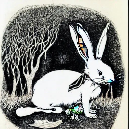 Image similar to a pen and ink drawing of a white rabbit smoking a smokey cigarette while reclining in a deep dark tangled forest, childrens book illustration, by edward gorey, by gustav dore