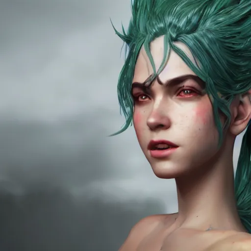 Image similar to A stunning comic book style portrait painting of a dragon goddess, wide view, unreal 5, DAZ, hyperrealistic, octane render, cosplay, RPG portrait, dynamic lighting,