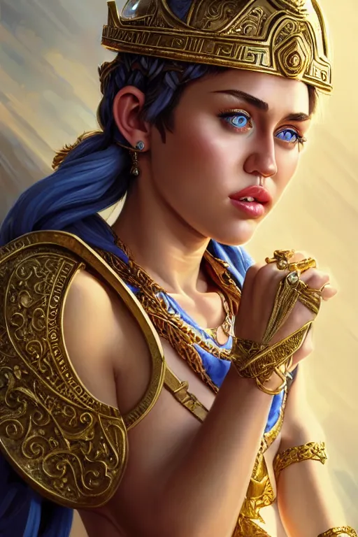 Image similar to miley cyrus as greek goddess athena, closeup, d & d, fantasy, intricate, elegant, highly detailed, digital painting, artstation, concept art, matte, sharp focus, illustration, hearthstone, art by artgerm and greg rutkowski and alphonse mucha