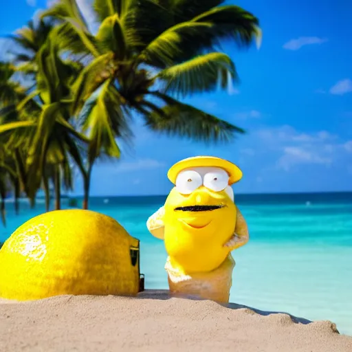 Image similar to 5 0 mm photograph, of a real anthropomorphic lemon character, with lemon skin texture, it is wearing a hat and scuba diving, building a sandcastle on the beach at sunset, beach, huge waves, sun, clouds, tropical trees, rim light, cinematic photography, professional, sand, sandcastle, volumetric lightening