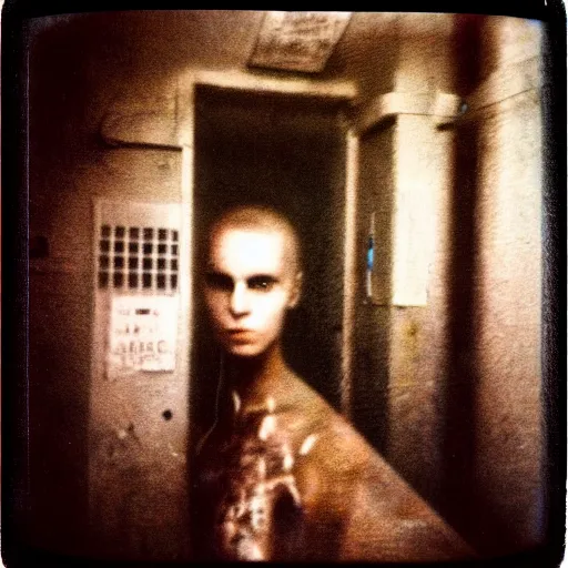 Prompt: a humanoid creature at the bottom of a dark stairwell, dark!, creepy!!!, unsettling, uncanny valley!, old polaroid, expired film,