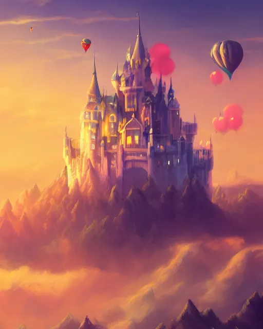 Image similar to flying cloud castle, buildings, baloons, machines, bright, blue sky, mountains, colorful, cinematic lighting, fantasy, high detail, illustration, masterpiece, artstation, 4 k, art by wylie beckert