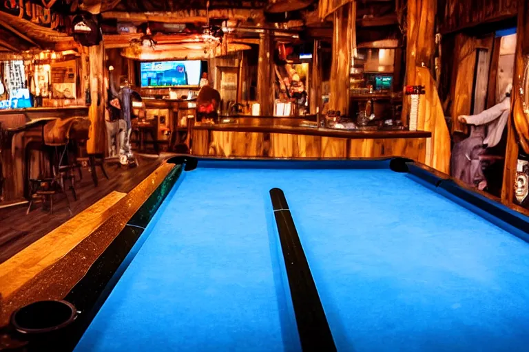 Prompt: clear pipeline transporting chunky liquid across a pool table in a tiki bar 55mm scene from a tv show 55mm