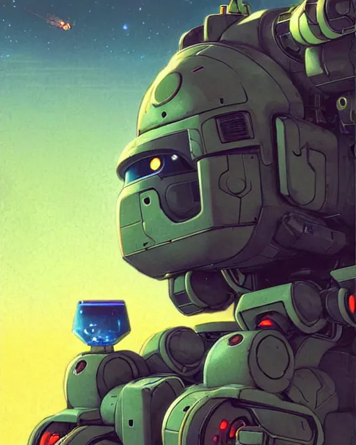 Image similar to bastion the friendly robot from overwatch, character portrait, portrait, close up, concept art, intricate details, highly detailed, vintage sci - fi poster, retro future, in the style of chris foss, rodger dean, moebius, michael whelan, katsuhiro otomo, and gustave dore