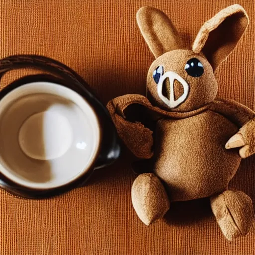 Prompt: a huggable brown chibi plush rabbit muppet monk wearing a wolf skull and dat beside a cup of tea, photorealistic, nature, photography, national geographic, sesame street