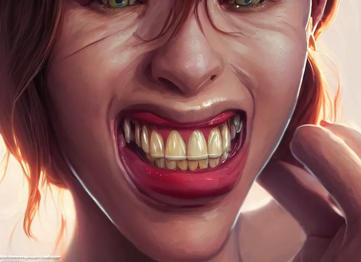 Image similar to wide open wife mouth, close - up, cry, defiant, pin - up, full lips, symmetrical teeth, light effect, hyper detailed, intricate, elegant, highly detailed, digital painting, artstation, concept art, matte, sharp focus, illustration, by dan mumford, yusuke murata, makoto shinkai, ross tran