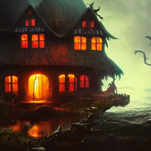 Image similar to a scary witch in front of a witch house which is made out of candy, floating on the ocean, epic scene, fantasy, cinematic, hyper - detailed, in the style of greg rutkowski