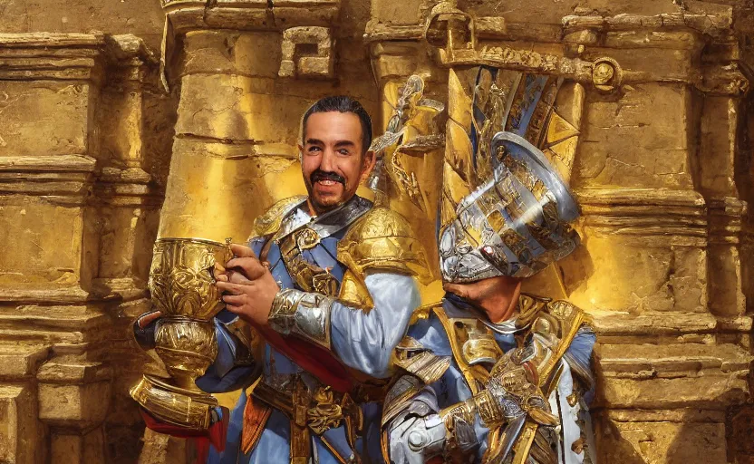 Image similar to smiling spanish conquer soldier francisco pizarro holding golden cup on a inca temple, wide view, high detailed, full perfect, symmetrical portrait, high detail, by craig mullins, peter mohrbacher, unreal engine, octane rendered, 8 k, dark beauty, trending on artstation