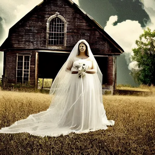 Prompt: picture of ghostly bride in front of an old wooden white church, 1 9 th century southern gothic scene, taken by crewdson, gregory