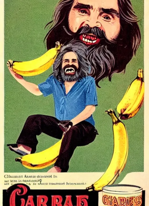 Image similar to vintage toothpaste advertisement depicting charles manson slipping on a banana peel