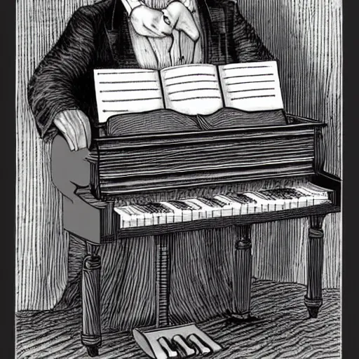 Prompt: piano, highly detailed, by Edward Gorey