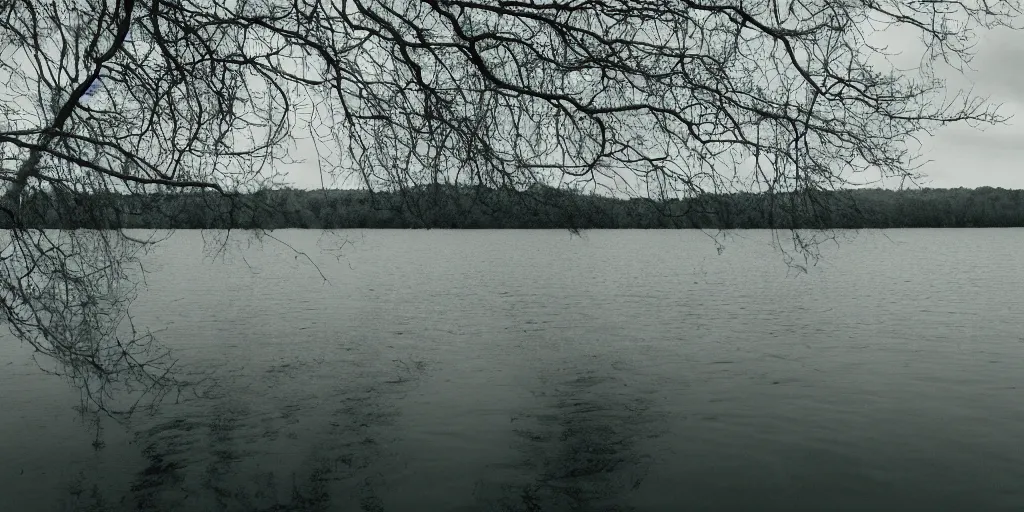 Image similar to symmetrical photograph of an infinitely long rope floating on the surface of the water, the rope is snaking from the foreground stretching out towards the center of the lake, a dark lake on a cloudy day, trees in the background, anamorphic lens