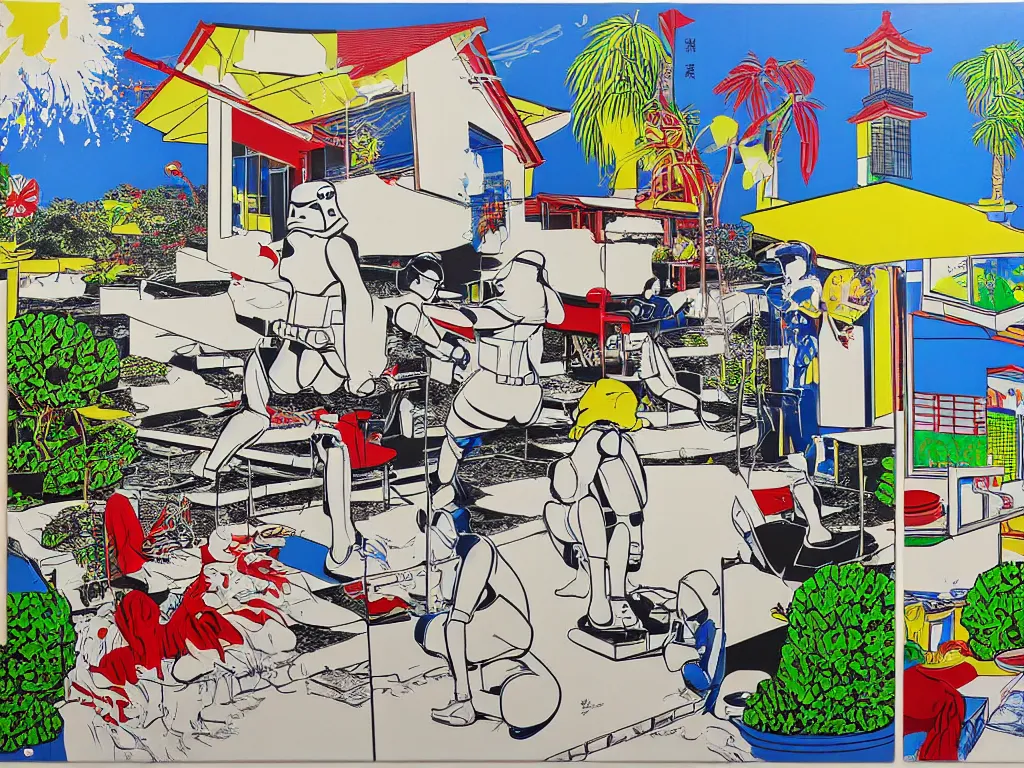 Prompt: hyperrealism composition of the japanese house with a hot springs in the garden, detailed stormtrooper in hot springs, pop - art style, jacky tsai style, andy warhol style, roy lichtenstein style, acrylic on canvas