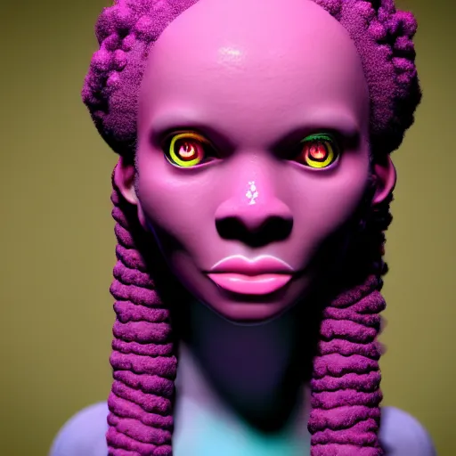 Image similar to a cyclops girl with a blue eye. pink afro hair. big mouth. 4k. ultrarealistic. render in octane