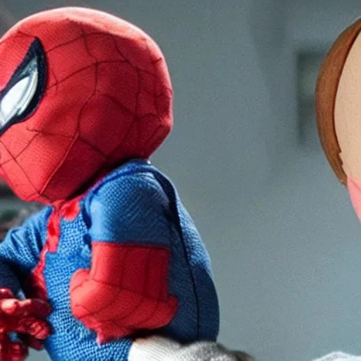 Prompt: spider - man holding chucky the killer doll