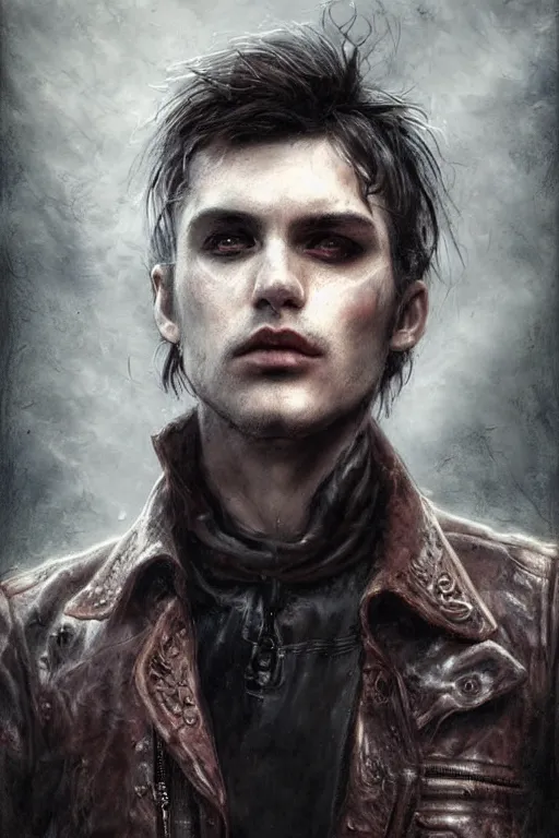 Image similar to a rough looking young man, very short brown hair, gothic, tattered leather coat, intricate, elegant, dramatic lighting, gorgeous face, highly detailed, lifelike, photorealistic, digital painting, artstation, illustration, concept art, smooth, sharp focus, art by John Collier and Albert Aublet and Krenz Cushart and Artem Demura and Alphonse Mucha