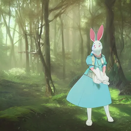 Image similar to concept art painting of an anthropomorphic white rabbit wearing a turquoise blouse, in the deep forest, realistic, detailed, cel shaded, in the style of makoto shinkai and greg rutkowski and james gurney