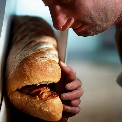 Image similar to closeup portrait baker constricted by a baguette as he tries to fight it back into the oven, by Steve McCurry and David Lazar, natural light, detailed face, CANON Eos C300, ƒ1.8, 35mm, 8K, medium-format print