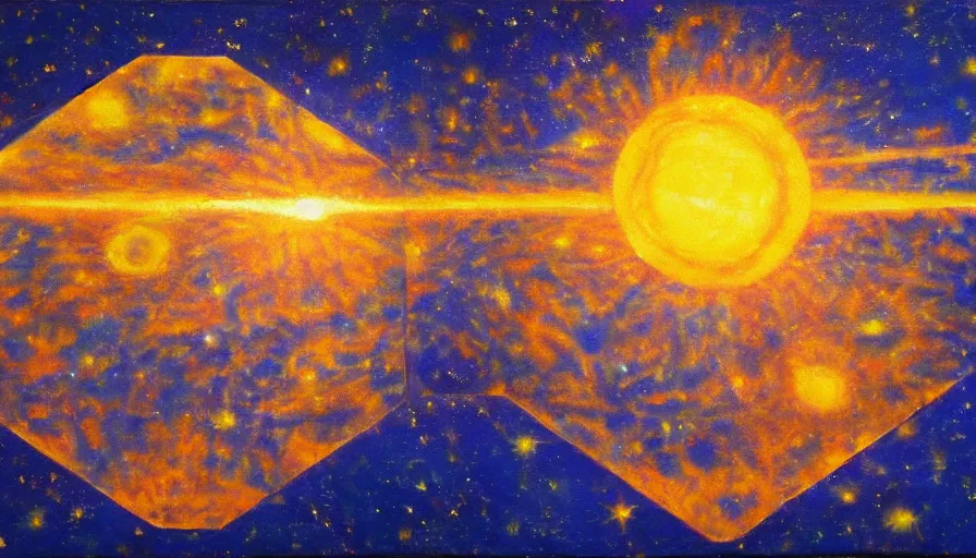 Image similar to the sun being blocked by a hexagon in space, planet earth in the foreground, oil painting