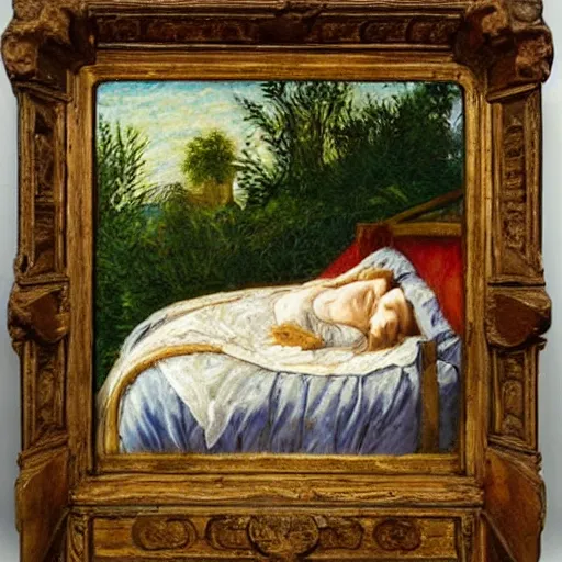 Prompt: a renaissance impressionistic painting of a sleeping giant in a tiny bed in a tiny cottage