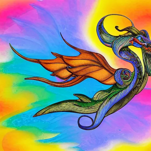 Image similar to multi color smoke with the small ( outstretched ribbed wings and head of a fairytale dragon ), billowy, 8 k, 4 k